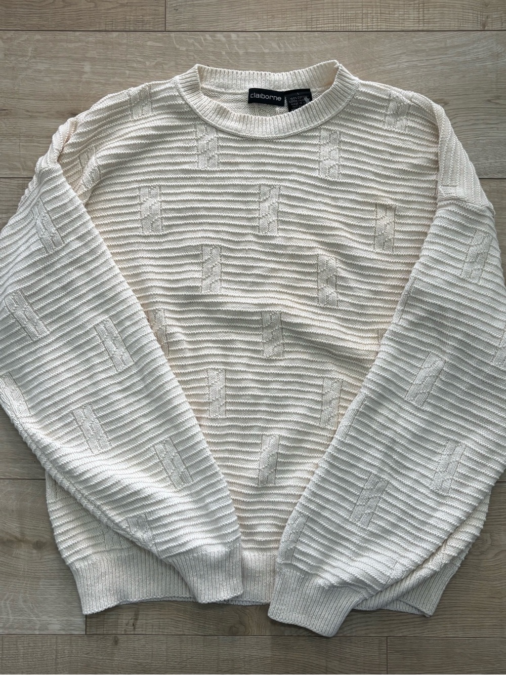 Vintage Cotton Cream Textured Crewneck Sweater Oversized Chunky Knit